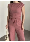 Tek omuz detay bürümcük kumaş takım pembe