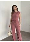 Tek omuz detay bürümcük kumaş takım pembe