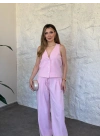 Terni keten yelekli takım pembe