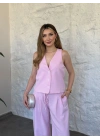 Terni keten yelekli takım pembe