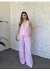 Terni keten yelekli takım pembe