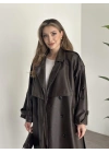 Uzun beli kuşaklı oversize astarlı deri trençkot kahve