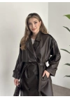 Uzun beli kuşaklı oversize astarlı deri trençkot kahve