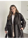 Uzun beli kuşaklı oversize astarlı deri trençkot kahve