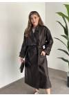 Uzun beli kuşaklı oversize astarlı deri trençkot kahve