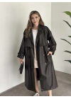Uzun beli kuşaklı oversize astarlı deri trençkot kahve