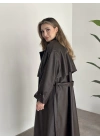 Uzun beli kuşaklı oversize astarlı deri trençkot kahve