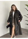 Uzun beli kuşaklı oversize astarlı deri trençkot kahve