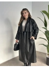 Uzun beli kuşaklı oversize astarlı deri trençkot siyah