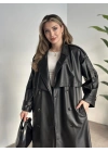Uzun beli kuşaklı oversize astarlı deri trençkot siyah