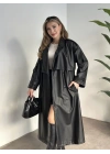 Uzun beli kuşaklı oversize astarlı deri trençkot siyah