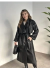Uzun beli kuşaklı oversize astarlı deri trençkot siyah