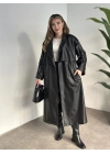Uzun beli kuşaklı oversize astarlı deri trençkot siyah