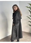 Uzun beli kuşaklı oversize astarlı deri trençkot siyah