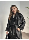 Uzun beli kuşaklı oversize astarlı deri trençkot siyah