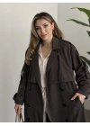 Uzun düğmeli beli kuşaklı oversize astarlı trençkot acı kahve