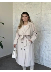 Uzun düğmeli beli kuşaklı oversize astarlı trençkot açık krem