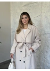 Uzun düğmeli beli kuşaklı oversize astarlı trençkot açık krem