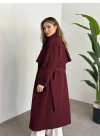 Uzun düğmeli beli kuşaklı oversize astarlı trençkot bordo