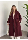 Uzun düğmeli beli kuşaklı oversize astarlı trençkot bordo