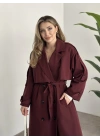 Uzun düğmeli beli kuşaklı oversize astarlı trençkot bordo
