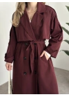 Uzun düğmeli beli kuşaklı oversize astarlı trençkot bordo