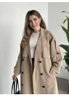 Uzun düğmeli beli kuşaklı oversize astarlı trençkot bej