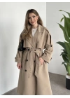 Uzun düğmeli beli kuşaklı oversize astarlı trençkot bej