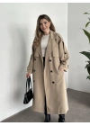 Uzun düğmeli beli kuşaklı oversize astarlı trençkot bej