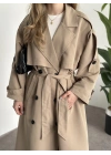 Uzun düğmeli beli kuşaklı oversize astarlı trençkot bej