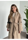 Uzun düğmeli beli kuşaklı oversize astarlı trençkot bej
