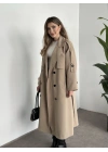 Uzun düğmeli beli kuşaklı oversize astarlı trençkot bej