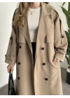 Uzun düğmeli beli kuşaklı oversize astarlı trençkot bej
