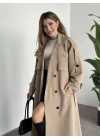 Uzun düğmeli beli kuşaklı oversize astarlı trençkot bej