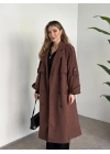 Uzun düğmeli beli kuşaklı oversize astarlı trençkot açık kahverengi