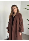 Uzun düğmeli beli kuşaklı oversize astarlı trençkot açık kahverengi