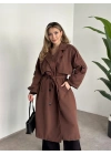 Uzun düğmeli beli kuşaklı oversize astarlı trençkot açık kahverengi