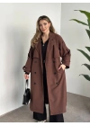 Uzun düğmeli beli kuşaklı oversize astarlı trençkot açık kahverengi