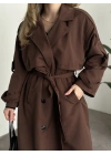 Uzun düğmeli beli kuşaklı oversize astarlı trençkot açık kahverengi