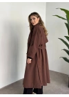 Uzun düğmeli beli kuşaklı oversize astarlı trençkot açık kahverengi