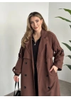 Uzun düğmeli beli kuşaklı oversize astarlı trençkot açık kahverengi