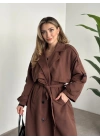 Uzun düğmeli beli kuşaklı oversize astarlı trençkot açık kahverengi