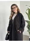 Uzun düğmeli beli kuşaklı oversize astarlı trençkot siyah