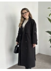 Uzun düğmeli beli kuşaklı oversize astarlı trençkot siyah