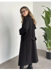 Uzun düğmeli beli kuşaklı oversize astarlı trençkot siyah