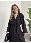 Uzun düğmeli beli kuşaklı oversize astarlı trençkot siyah
