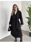 Uzun düğmeli beli kuşaklı oversize astarlı trençkot siyah