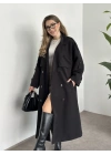 Uzun düğmeli beli kuşaklı oversize astarlı trençkot siyah