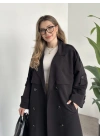 Uzun düğmeli beli kuşaklı oversize astarlı trençkot siyah