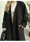 Uzun düğmeli beli kuşaklı oversize astarlı trençkot siyah